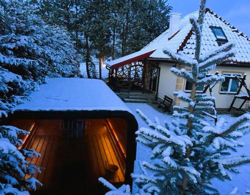 uma casa com um gazebo na neve em Mazurska Chatka em Srokowo