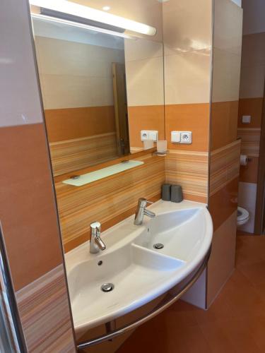 a bathroom with a sink and a mirror at APARTMENT A&D CENTRUM in Poprad