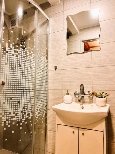 a bathroom with a sink and a shower at Mazurska Chatka in Srokowo