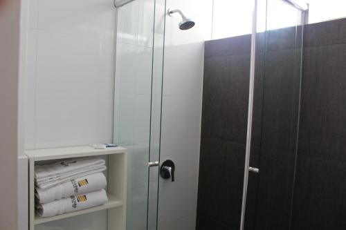 um chuveiro com uma porta de vidro e algumas toalhas em Basadre Apart Hotel em Tacna