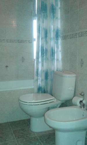 y baño con aseo y cortina de ducha. en Davies Apartment en Puerto Madryn