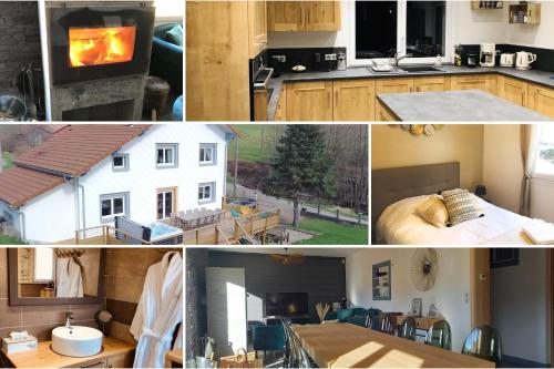 a collage of pictures of a kitchen and a house at Gîte Les Libellules - 12 personnes - 4 étoiles - Spa in Fresse-sur-Moselle