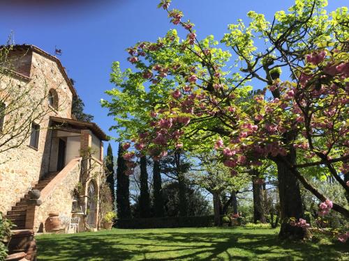 a tree with pink flowers in front of a building at Magnolia House in Cetona