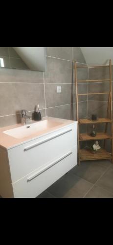 La salle de bains est pourvue d'un lavabo blanc et d'une étagère. dans l'établissement Maison récente très spacieuse, à Forges-les-Bains