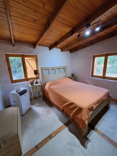 una camera con un grande letto in una stanza con soffitti in legno di Mañana campestre a Chilecito