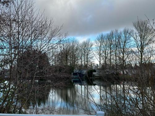 vistas a un río con árboles y a una casa en Anglers Rest, with Hot Tub and Private Fishing Peg, en Tattershall