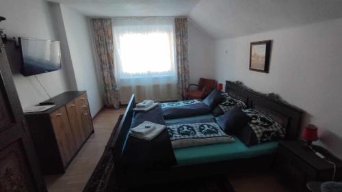 a bedroom with a bed and a television in it at Steinadler apartman Dog-friendly, quiet, garden house with private parking and beautiful views - Kertes apartman egy szoba áráért in Murau