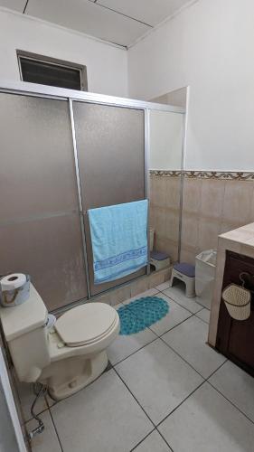 a bathroom with a toilet and a shower stall at La casa de don Matilde in San Pedro Sula