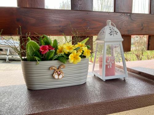 a flower pot with flowers in it next to a bird feeder at Ubytování v podkroví in Roztoky u Jilemnice