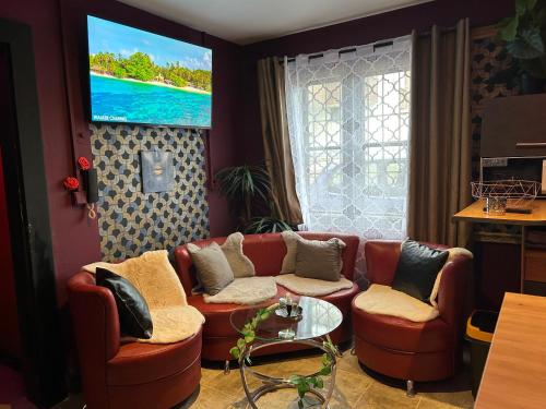 a living room with a couch and a tv at Apartmán Mair Pardubice in Pardubice