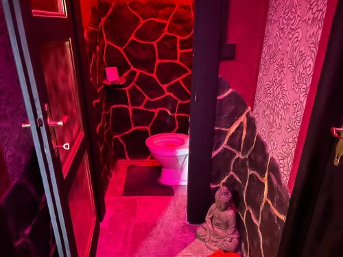 a bathroom with a pink toilet with a rock wall at Apartmán Mair Pardubice in Pardubice