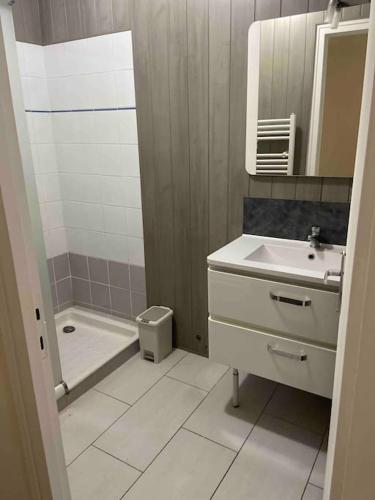 une salle de bain avec un lavabo, un miroir et une baignoire dans l'établissement Maison 12-14 pers. avec piscine au cœur de la nature, à Vouneuil-sur-Vienne