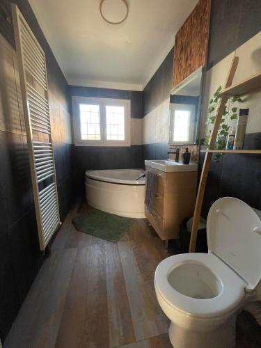 a bathroom with a toilet and a tub and a sink at Le Ranch - proche centre ville in Reims