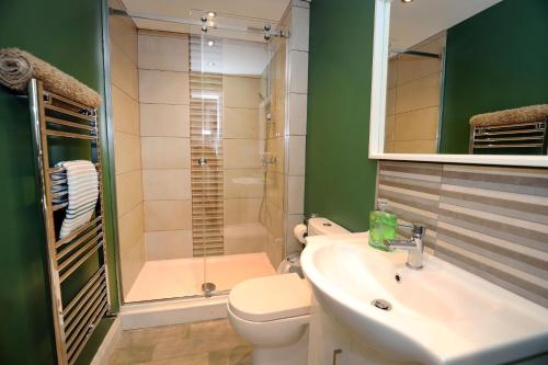 a bathroom with a toilet and a sink and a shower at Harbour View City Centre Apartment in Belfast
