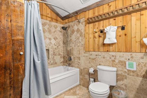 a bathroom with a tub and a toilet and a shower at #7 The Hideaway in New Braunfels