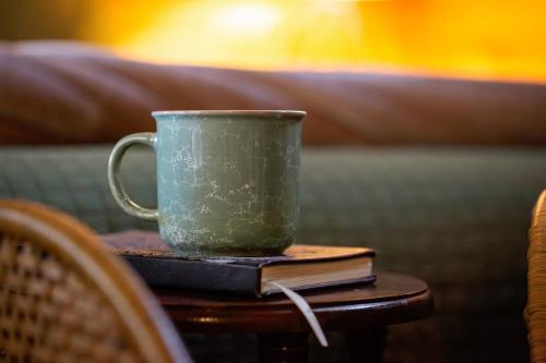 a green coffee cup on a table with books at #8 The Cabin in New Braunfels