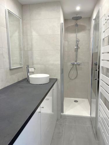 La salle de bains est pourvue d'une douche, d'un lavabo et d'un lavabo. dans l'établissement Solezia appartement, piscine et vue mer, by Welcome to Cannes, à Cannes