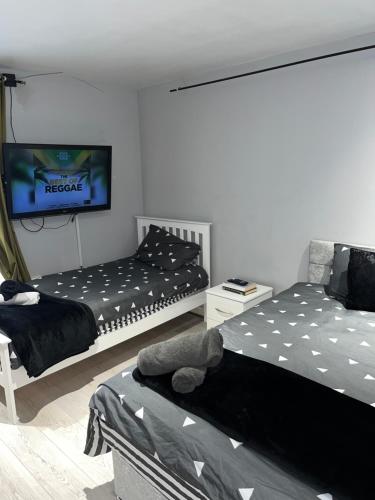 a bedroom with two beds and a flat screen tv at Stylish Darlington Townhouse Near A1 A66 & A19 Breakfast in Darlington