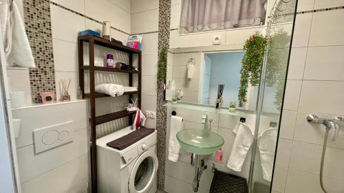 uma pequena casa de banho com uma máquina de lavar roupa e um lavatório em Zentrale, moderne Wohnung in Graz em Graz