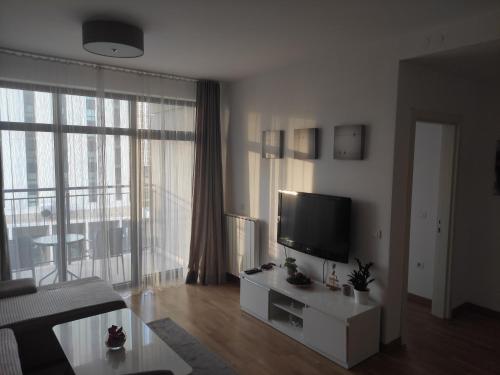 a living room with a tv and a large window at Belgrade Waterfront Comfortable Apartment in Belgrade