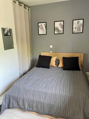 une chambre avec un lit avec deux oreillers dessus dans l'établissement Villa moderne avec jacuzzi, au pied de la plage, à Labenne