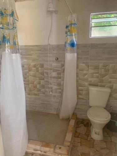 a bathroom with a shower and a toilet in it at Aldeia Gaia Chalés in Teresópolis