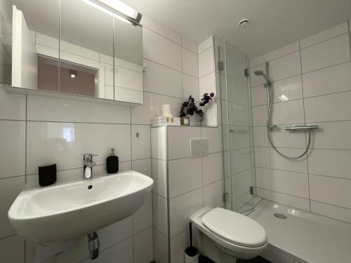 a bathroom with a sink and a toilet and a shower at Apartment RETRO-Chic in der Fußgängerzone in Bregenz