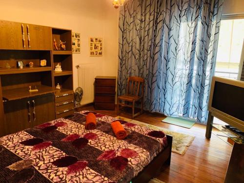 ein Schlafzimmer mit einem Bett mit roten Blumen darauf in der Unterkunft House Mario’s airport 2 in Spáta