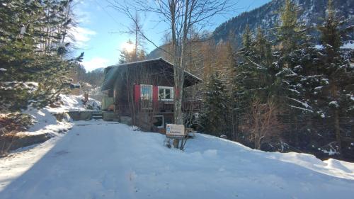 una cabaña de madera en el bosque en la nieve en Petit chalet rustique et bucolique en Bovernier