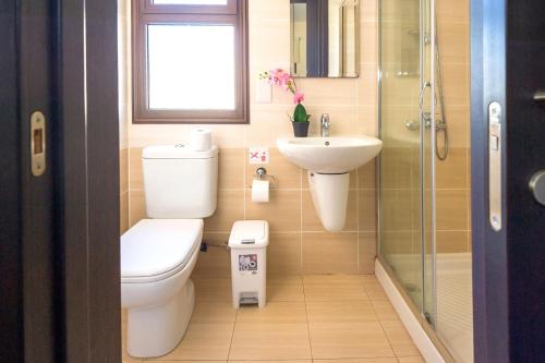 ein Bad mit einem WC, einem Waschbecken und einer Dusche in der Unterkunft Villa Ioanna - 50m from Med Sea in Ayia Napa