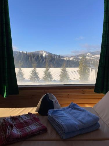 a bed with a view of a snow covered window at Grey apartments in Slavske