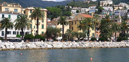 a city with palm trees and buildings and a body of water at Acquamarina in Rapallo
