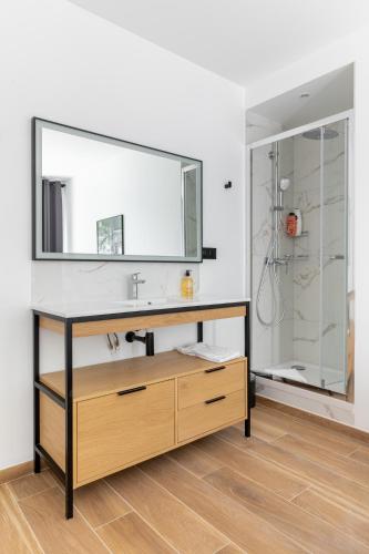 une salle de bain avec un lavabo et un miroir dans l'établissement Nouvel Appartement Cosy Montparnasse, à Paris