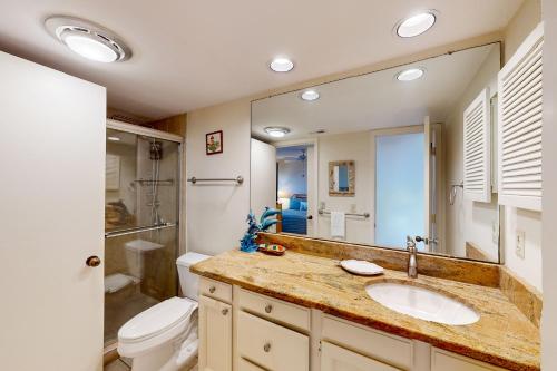 a bathroom with a sink and a toilet and a mirror at Turnberry Village 258 in Hilton Head Island
