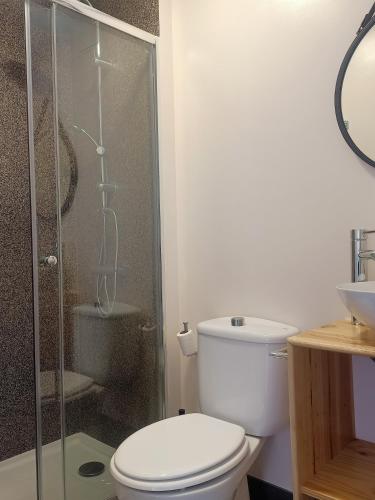 a bathroom with a toilet and a glass shower at Hierro in Frontera