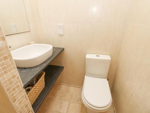 a bathroom with a white toilet and a sink at Sutton Newbold Cottage in Trimdon Grange