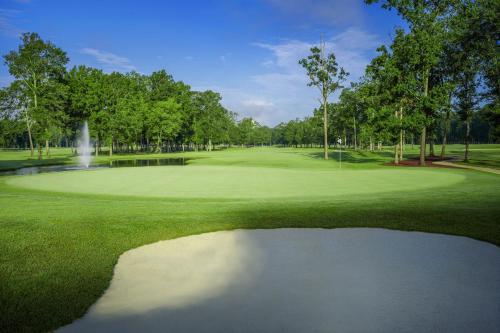 uma vista para um campo de golfe com um lago em Sheraton Flowood The Refuge Hotel & Conference Center em Flowood