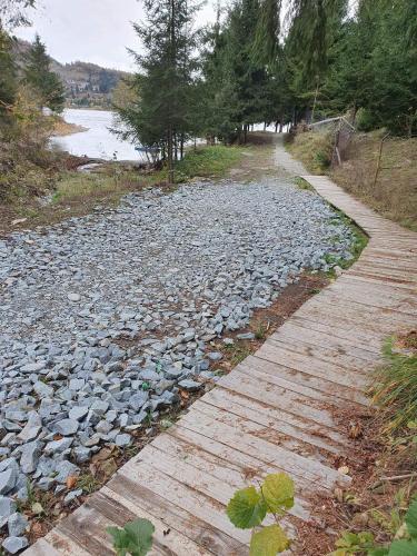 a stone path next to a river with trees at Cabana Busuioc in Colibiţa