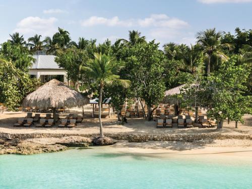 a resort with a beach with chairs and palm trees at Secrets La Romana All-Inclusive Adult Only Resort & Spa in Bayahibe