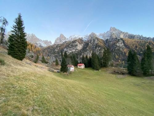 a house on a grassy hill in front of a mountain at Chalet Pra Dell OSTIO Primiero San Martino di Castrozza in Fiera di Primiero