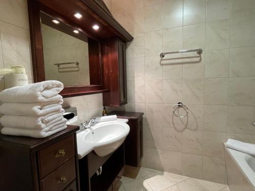 uma casa de banho com um lavatório, um espelho e um chuveiro em International House Sölden Standard Apartment ZW 10 em Sölden