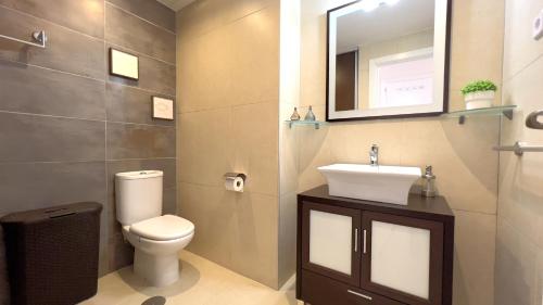 サン・ハビエルにあるLa Ribera - terraza, piscina y playaのトイレ、洗面台、鏡のあるバスルーム