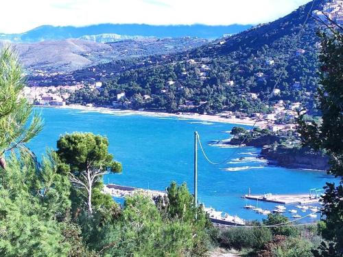 uma vista para um corpo de água com uma praia em Bellezza In Cilento Panoramic Apts em Castellabate