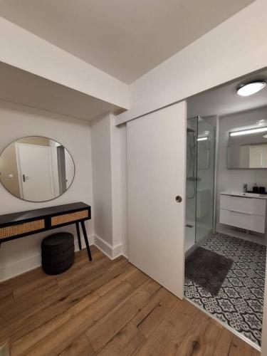 La salle de bains est pourvue d'un miroir et d'une douche à l'italienne. dans l'établissement Le Voluptueux - Au cœur de Versailles - 343B, à Versailles