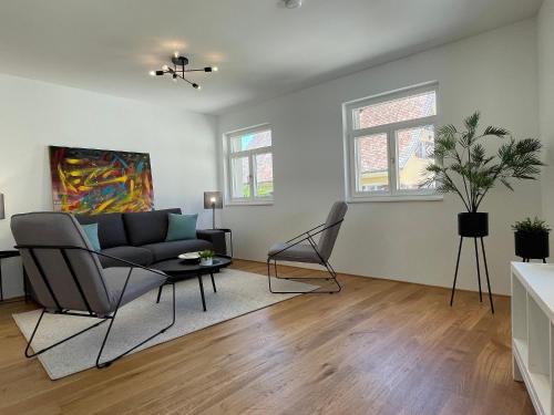 a living room with a couch and a table at VINCENT Apartment Bregenz - mit Parkplatz in Bregenz
