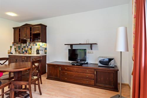 een woonkamer met een tafel en een televisie op een kast bij International House Sölden Studio mit Bergblick ZW 1 in Sölden