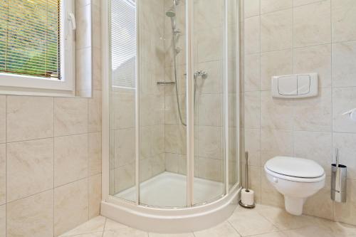 een badkamer met een douche en een toilet bij International House Sölden Studio mit Bergblick ZW 1 in Sölden