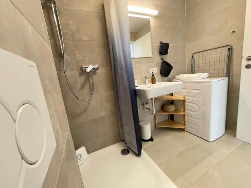 uma casa de banho com um chuveiro, um lavatório e um WC. em Maurerhaus Studio, Top 3 em Hohenweiler