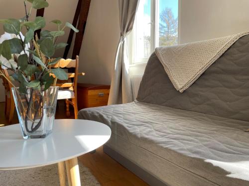a living room with a couch and a table with a vase at Studio im Zentrum von Lochau, #5 in Lochau