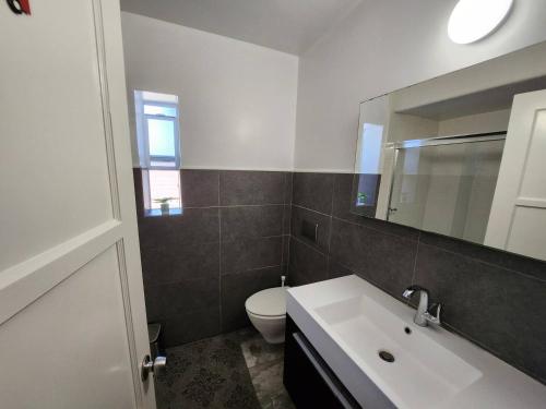 a bathroom with a sink and a toilet and a mirror at Private Room3 Own Entry Shared Bath One Guest Walk to UCSD in San Diego